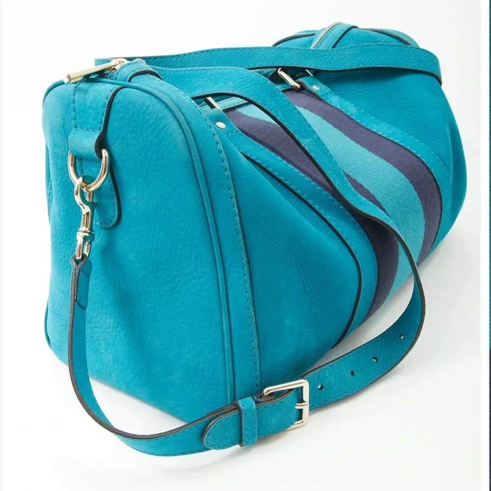 Authentic Gucci Teal Blue Suede Web Boston Bag - Picture 5 of 16